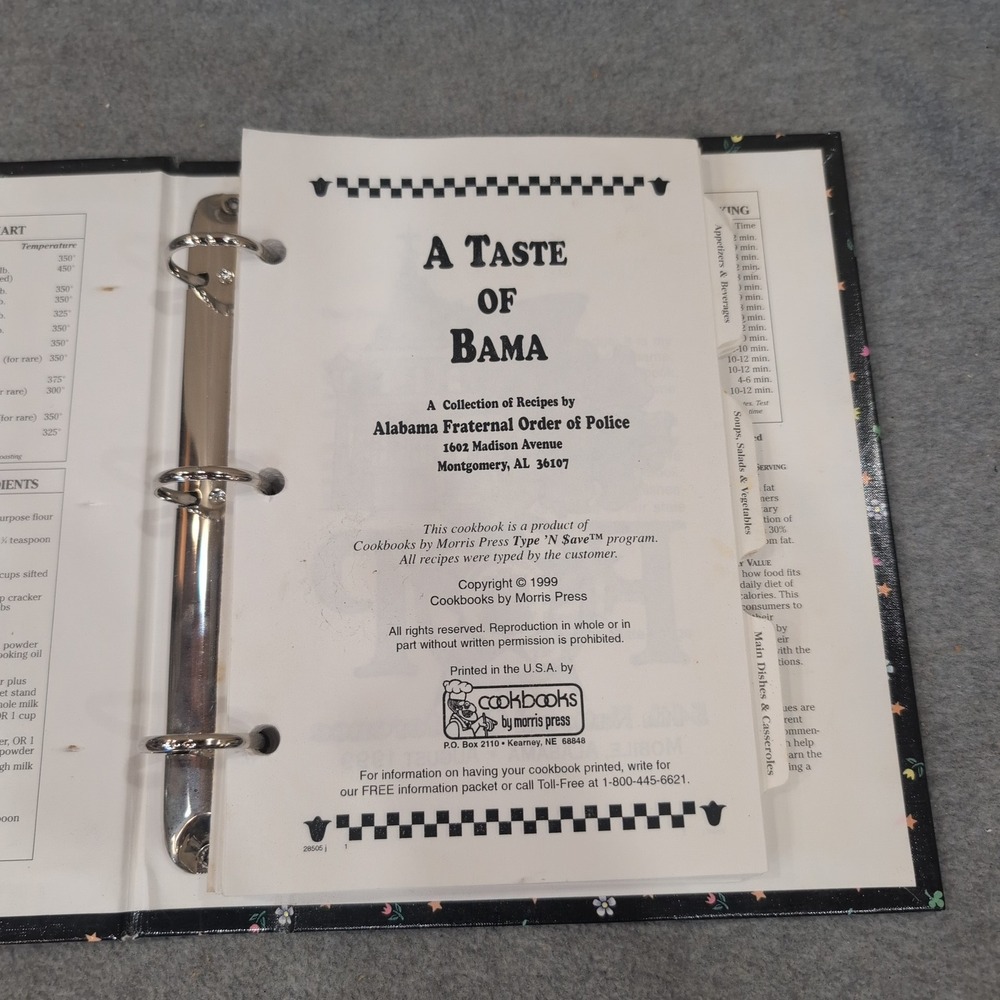 A Taste of Bama Alabama Fraternal Order of Police Cookbook 1999 Binder Vintage - Picture 2 of 2